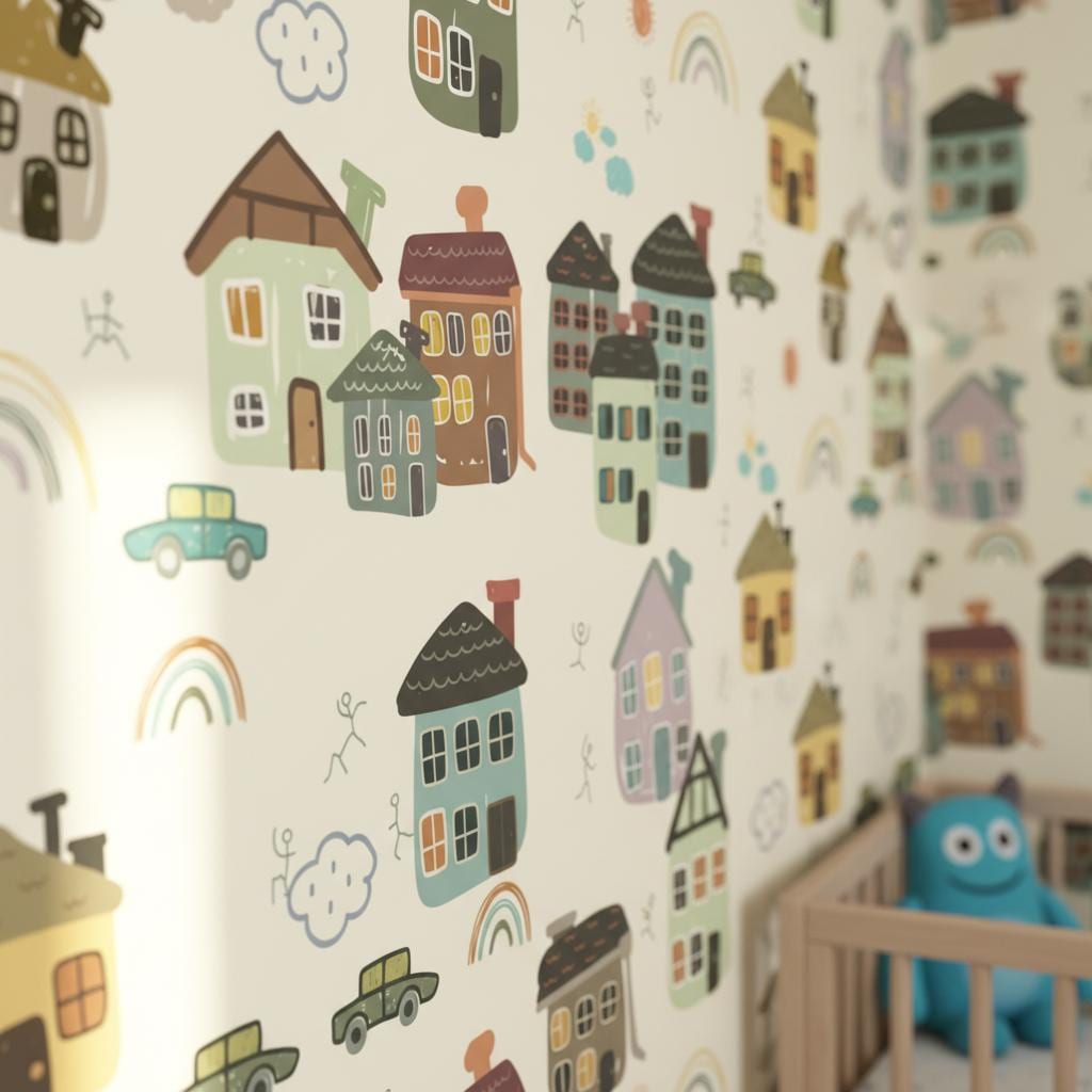 Whimsical Village Wallpaper Kids Room | Colorful Houses Rainbow Nursery | Playful Town Decor | Peel and Stick