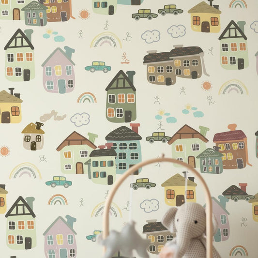 Whimsical Village Wallpaper Kids Room | Colorful Houses Rainbow Nursery | Playful Town Decor | Peel and Stick