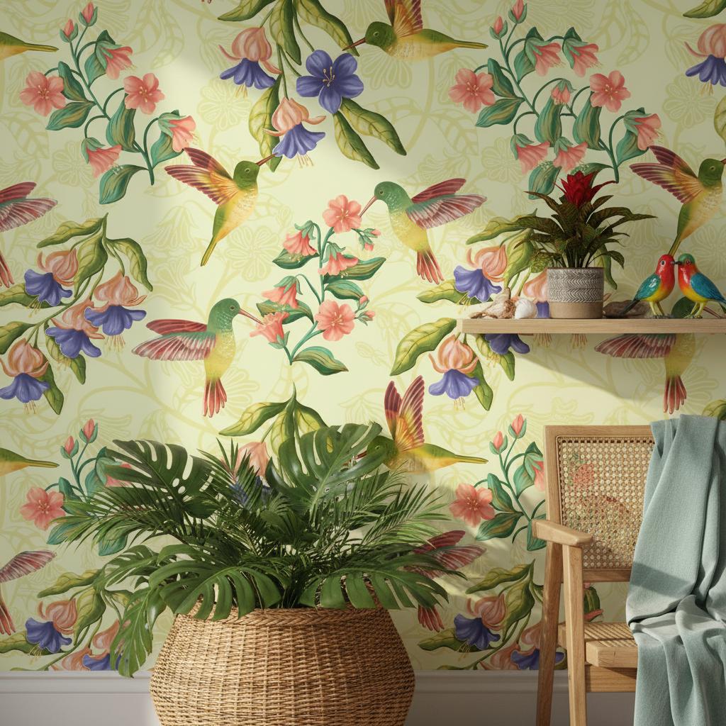 Botanical Bird Wallpaper Green | Wildflower Nursery Decor | Nature Inspired | Peel and Stick
