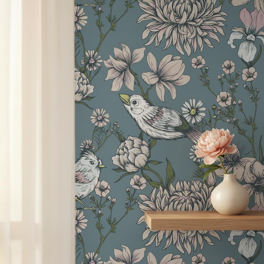 Botanical Bird Wallpaper Gray Blue | Elegant Floral Decor | Peel and Stick
