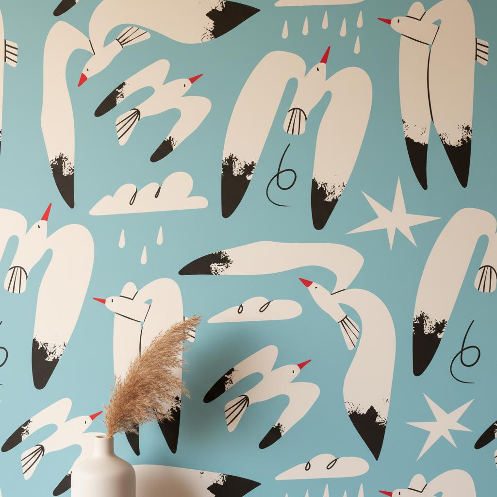 Modern Swan Wallpaper Blue | Whimsical Nursery Decor | Contemporary Kids Room Stars | Peel and Stick