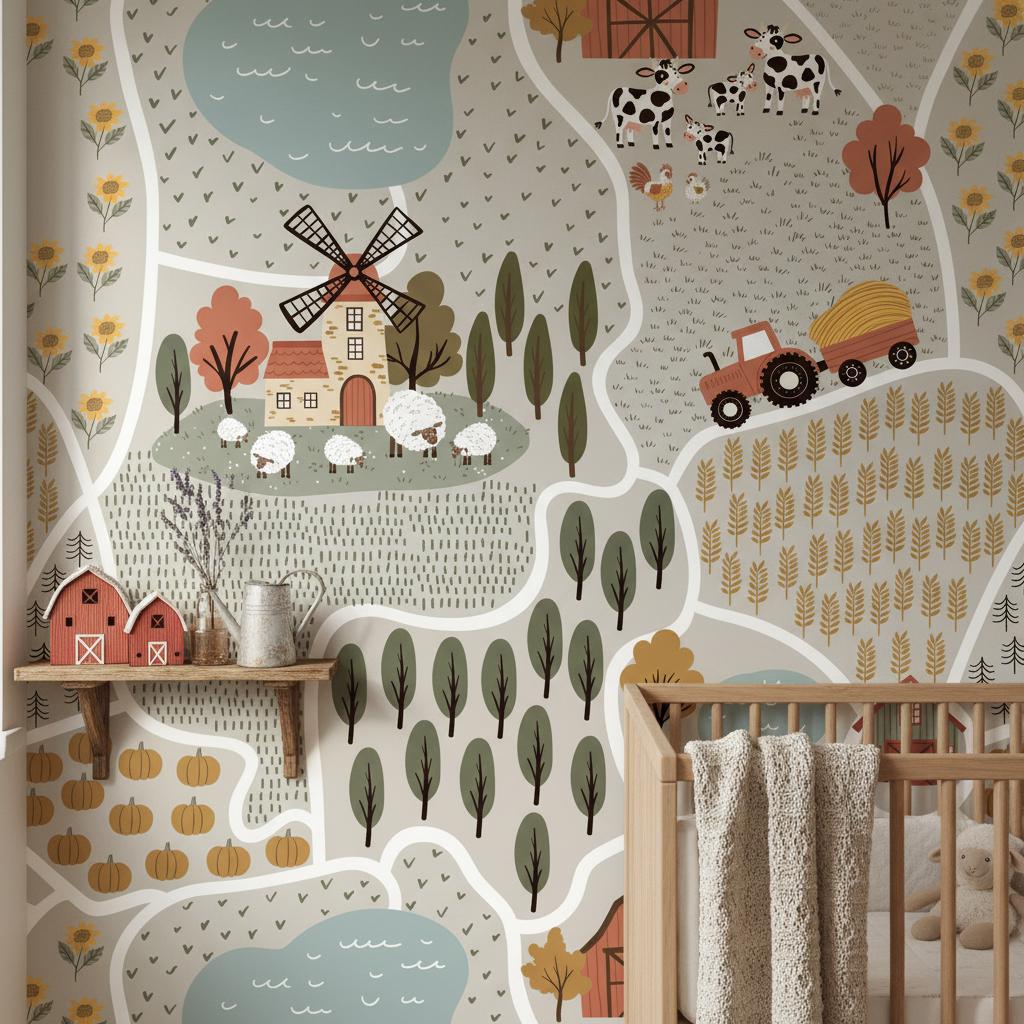 Farm Map Wallpaper Kids Room | Countryside Nursery Decor | Tractor Barn Animals | Peel and Stick or Traditional