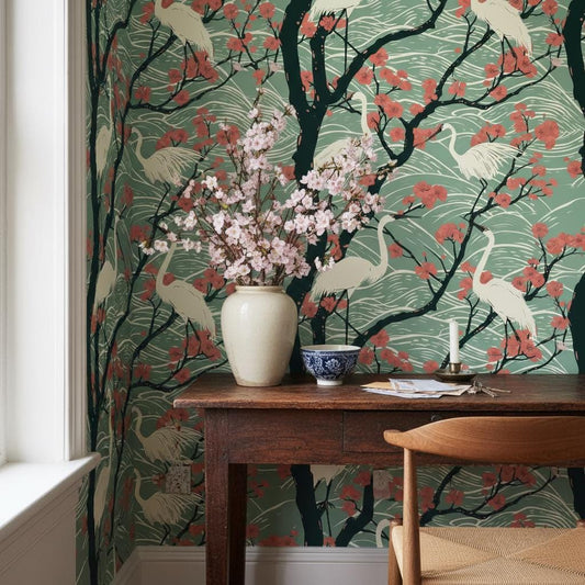 Vintage Crane Wallpaper | Coral Cherry Blossom Wall Mural | Japanese Poster Art Decor | Peel and Stick Removable Wallpaper