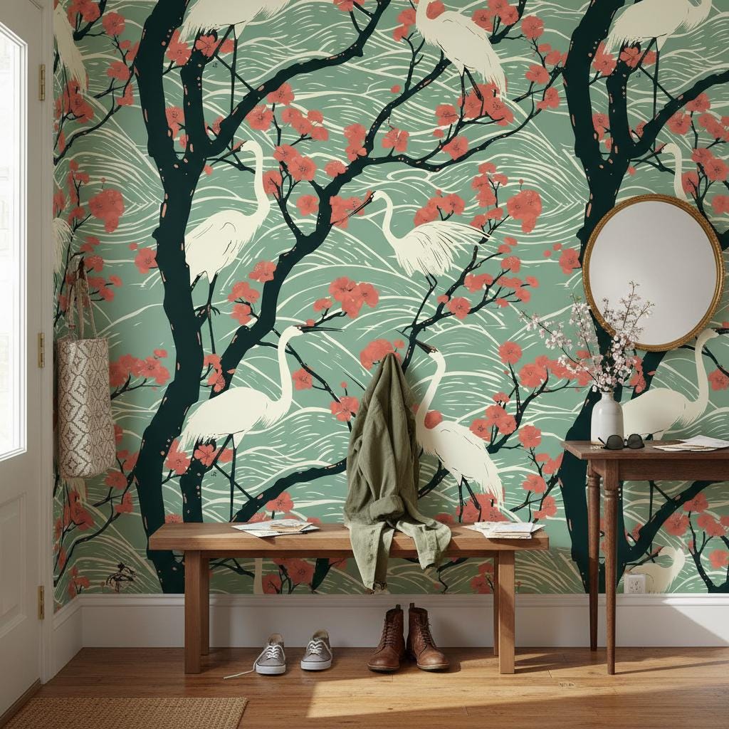 Vintage Crane Wallpaper | Coral Cherry Blossom Wall Mural | Japanese Poster Art Decor | Peel and Stick Removable Wallpaper