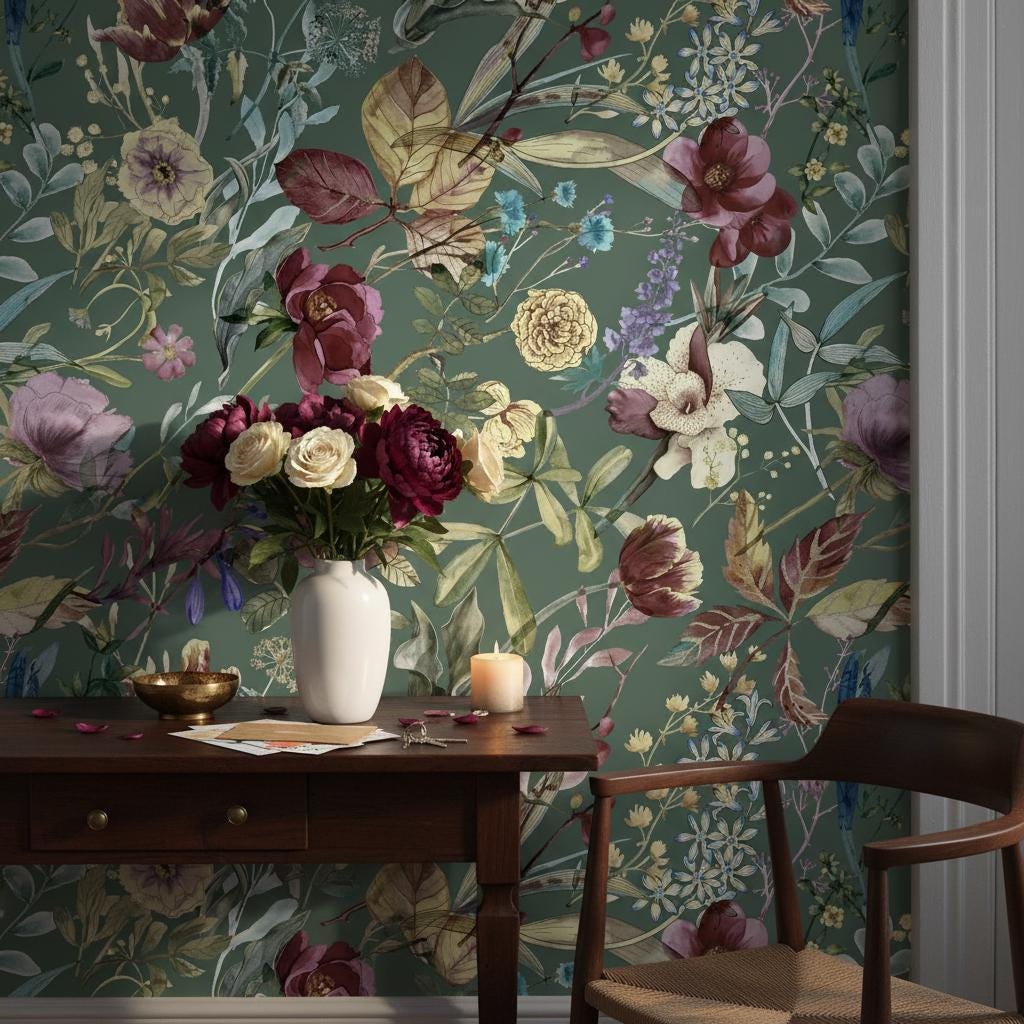 Vintage Botanical Wallpaper | Sage Green Burgundy Floral Wall Mural | Moody Garden Decor | Peel and Stick Removable Wallpaper