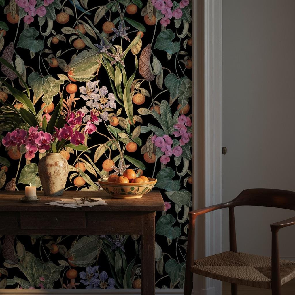 Dark Botanical Wallpaper | Vintage Tropical Fruit Floral Wall Mural | Moody Black Background Decor | Peel and Stick Removable Wallpaper
