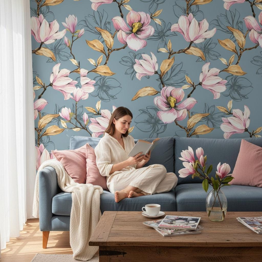 Magnolia Wallpaper | Blue Pink Floral Wall Mural | Spring Botanical Decor | Peel and Stick Removable Wallpaper