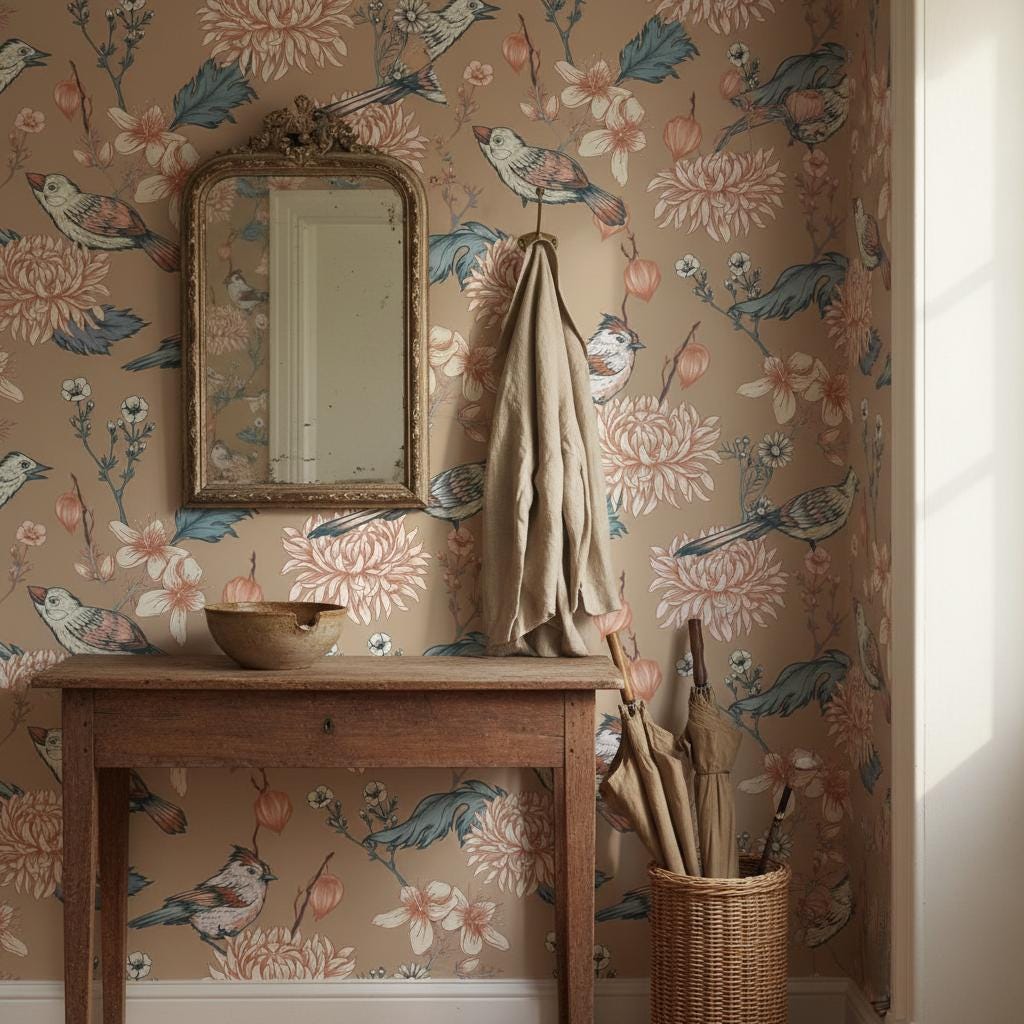 Vintage Birds Wallpaper Peel and Stick | Botanical Wall Mural | Japanese Floral Removable Wallpaper | Bedroom Decor