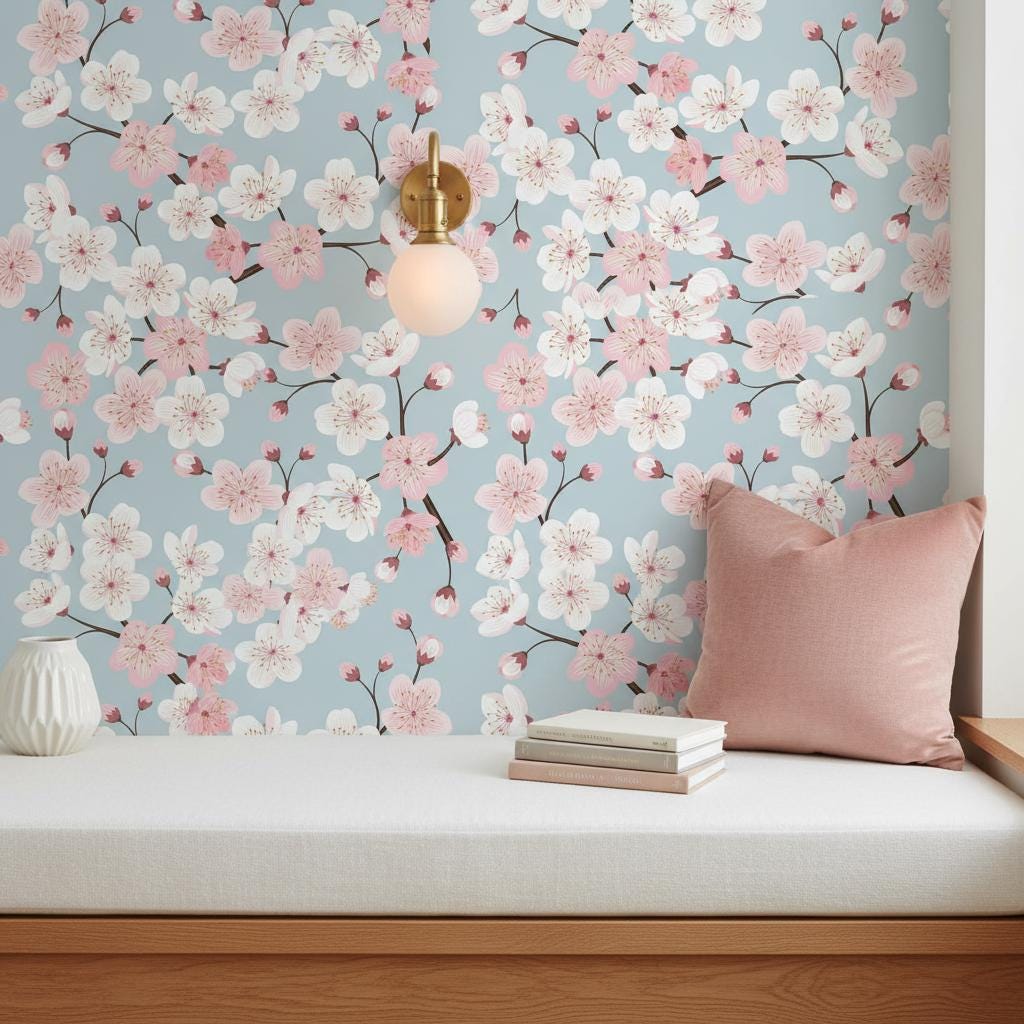 Cherry Blossom Wallpaper Peel and Stick, Blush Pink Floral Wallpaper, Japanese Wall Decor