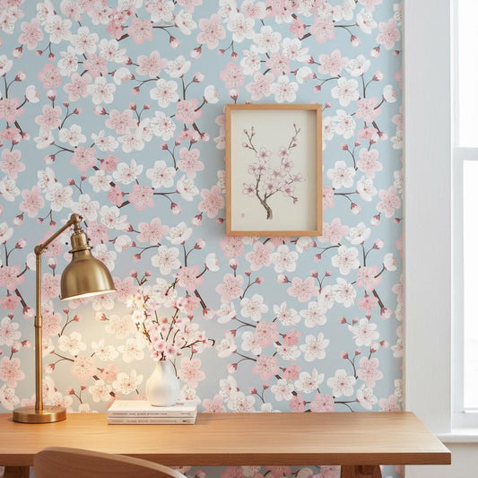 Cherry Blossom Wallpaper Peel and Stick, Blush Pink Floral Wallpaper, Japanese Wall Decor