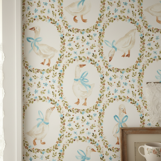Whimsical Goose Wallpaper Floral Wreaths | Farmhouse Nursery Decor | Cottage Kids Room | Peel and Stick