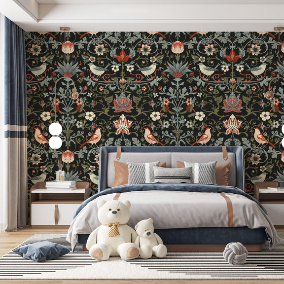 Dark Vintage Flowers and Birds Removable Wallpaper William Morris Peel and Stick Wall mural - Scandi Home 