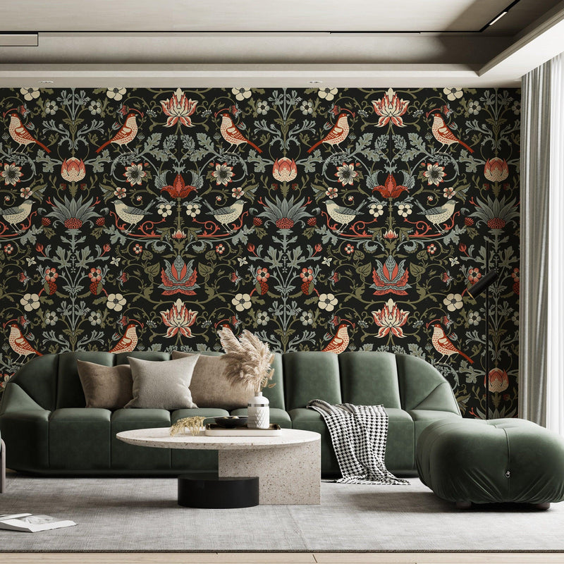 Dark Vintage Flowers and Birds Removable Wallpaper William Morris Peel and Stick Wall mural - Scandi Home 