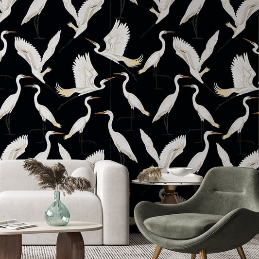 Chinoiserie wallpaper black heron, vintage cranes wall mural, peel and stick wallpaper
