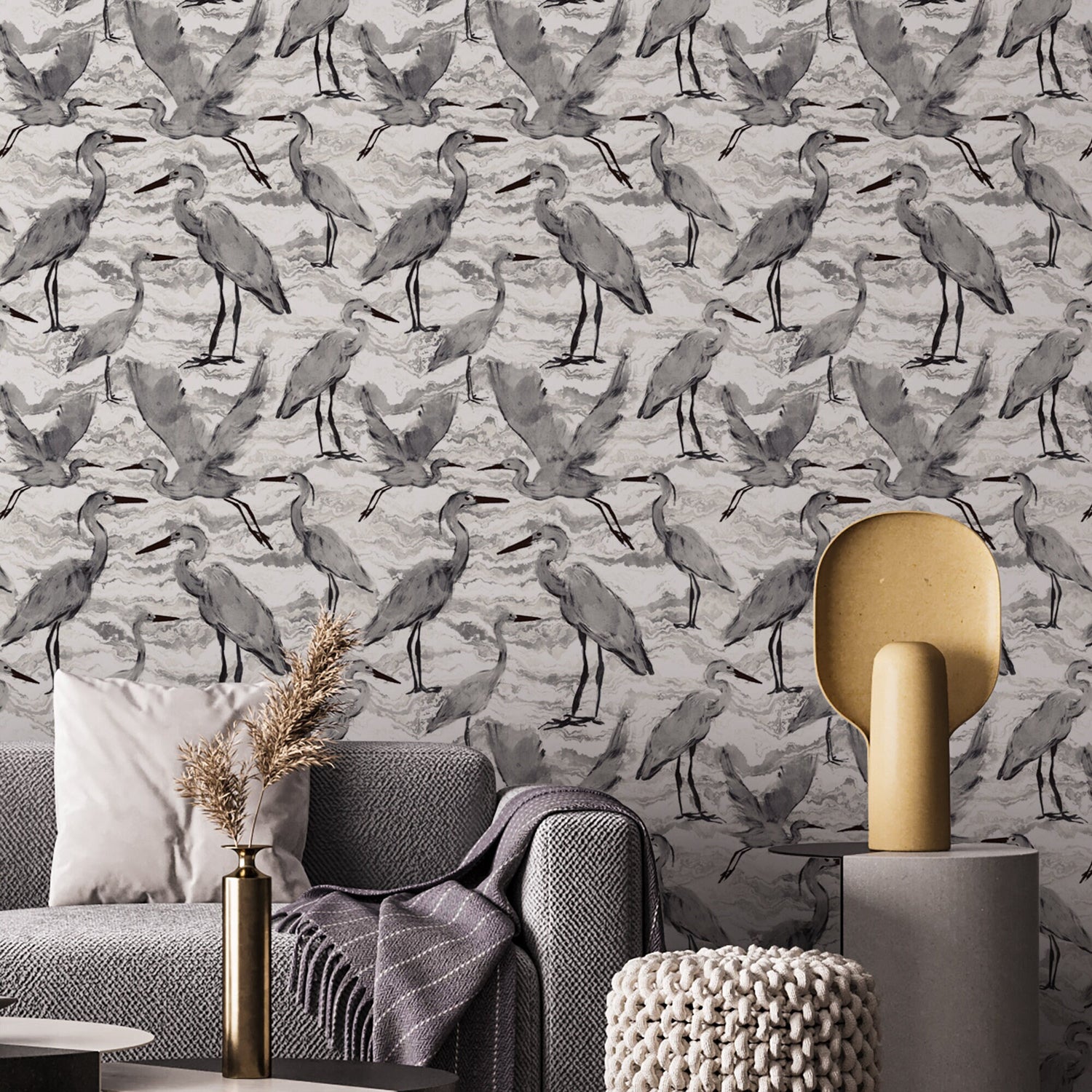 Soft vintage birds chinoiserie wallpaper, cranes wall mural, peel and stick  and traditional wallcovering
