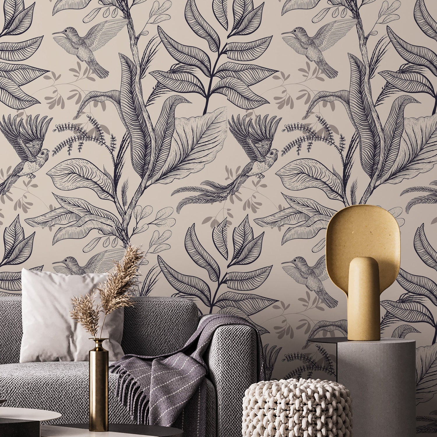 Chinoiserie wallpaper with birds, boho style botanical mural, peel and stick or traditional wallpaper