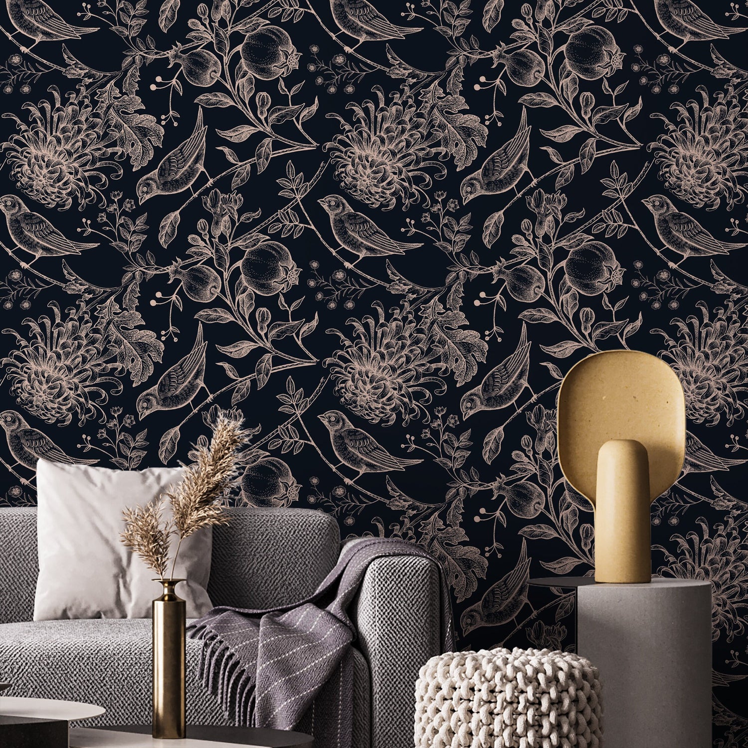 Dark botanical wallpaper, birds and flowers navy blue peel and stick wall mural, peel and stick wallpaper and traditional