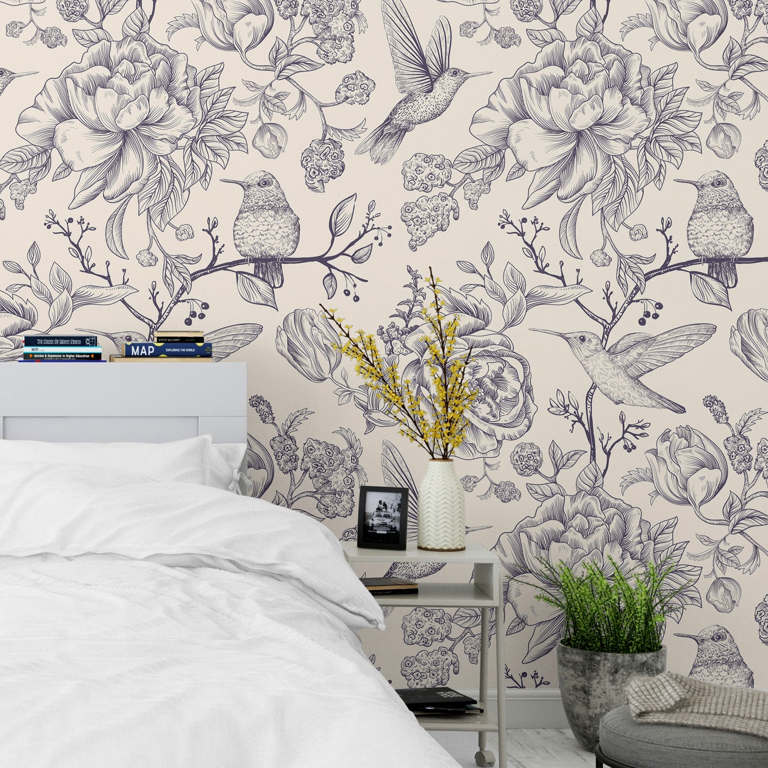 Floral wallpaper with birds, chinoiserie vintage style wallpaper, botanical mural, peel and stick or traditional wallpaper