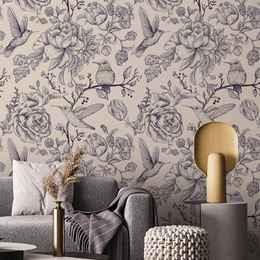 Floral wallpaper with birds, chinoiserie vintage style wallpaper, botanical mural, peel and stick or traditional wallpaper