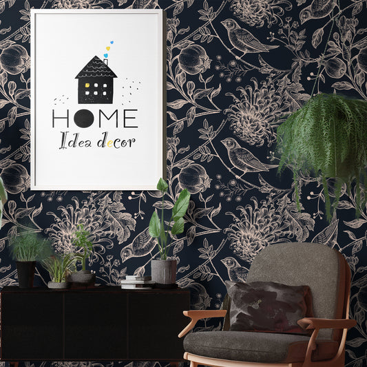 Dark botanical wallpaper, birds and flowers navy blue peel and stick wall mural, peel and stick wallpaper and traditional