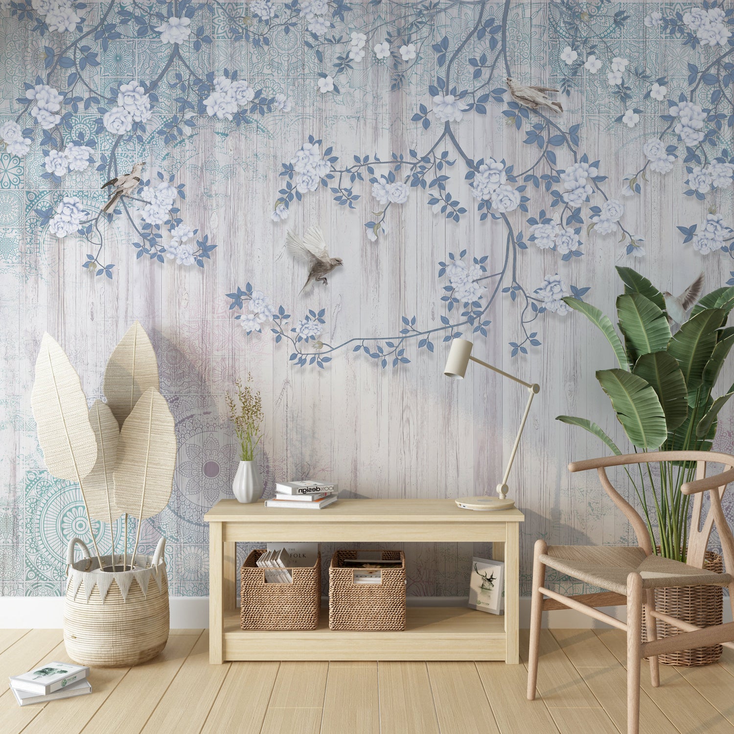 Chinoiserie Wallpaper, Birds and Flowers, Asian Wallpaper, Tree Wall Mural, Removable Wallpaper,