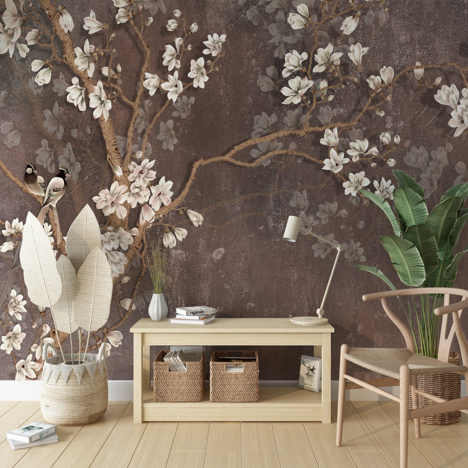 Chinoiserie Wallpaper, Birds and Flowers, Japanese Wallpaper, Asian Wallpaper, Tree Wall Mural, Removable Wallpaper,