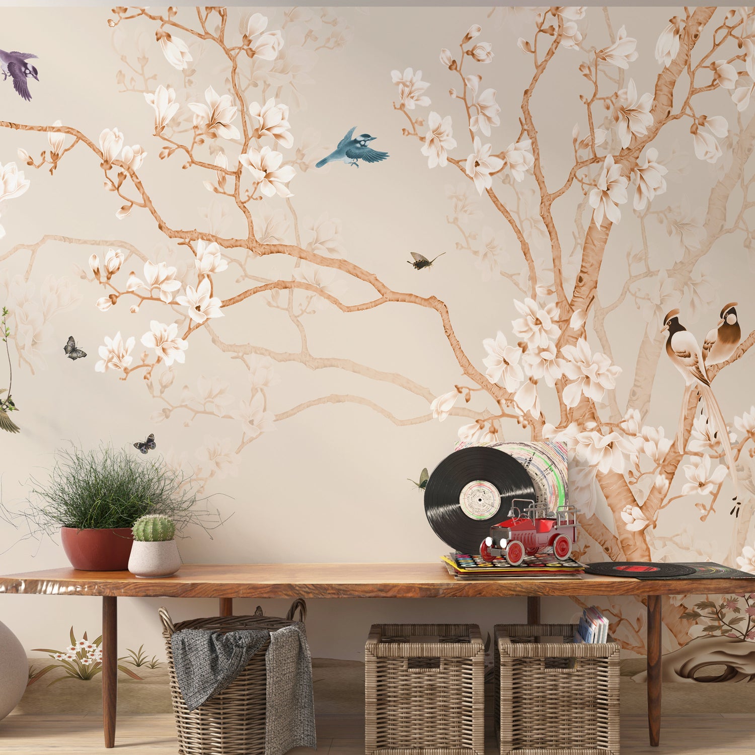 Chinoiserie Vintage Wallpaper, Wallpaper With Birds and Flowers, Asian Wallpaper, Tree Wall Mural, Removable Wallpaper,
