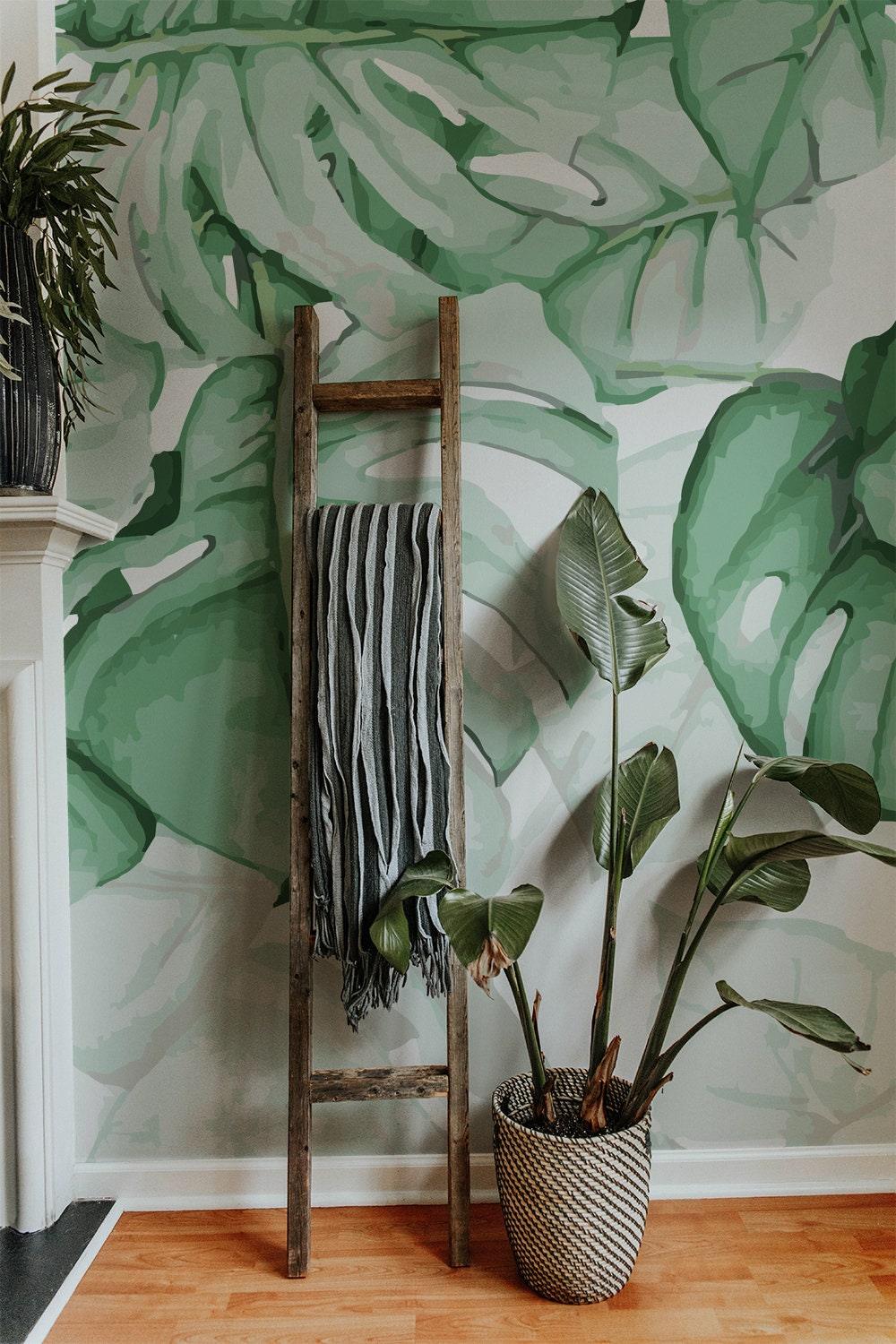 monstera leaf mural Monstera Leaf Wallpaper Botanical Wall Mural Peel and stick Wallpaper