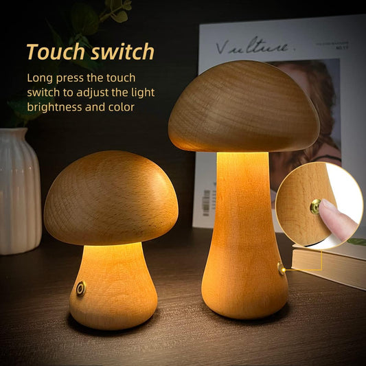 ICute Wooden Mushroom LED Lamp – Touch Night Light for Bedroom & Children’s Room