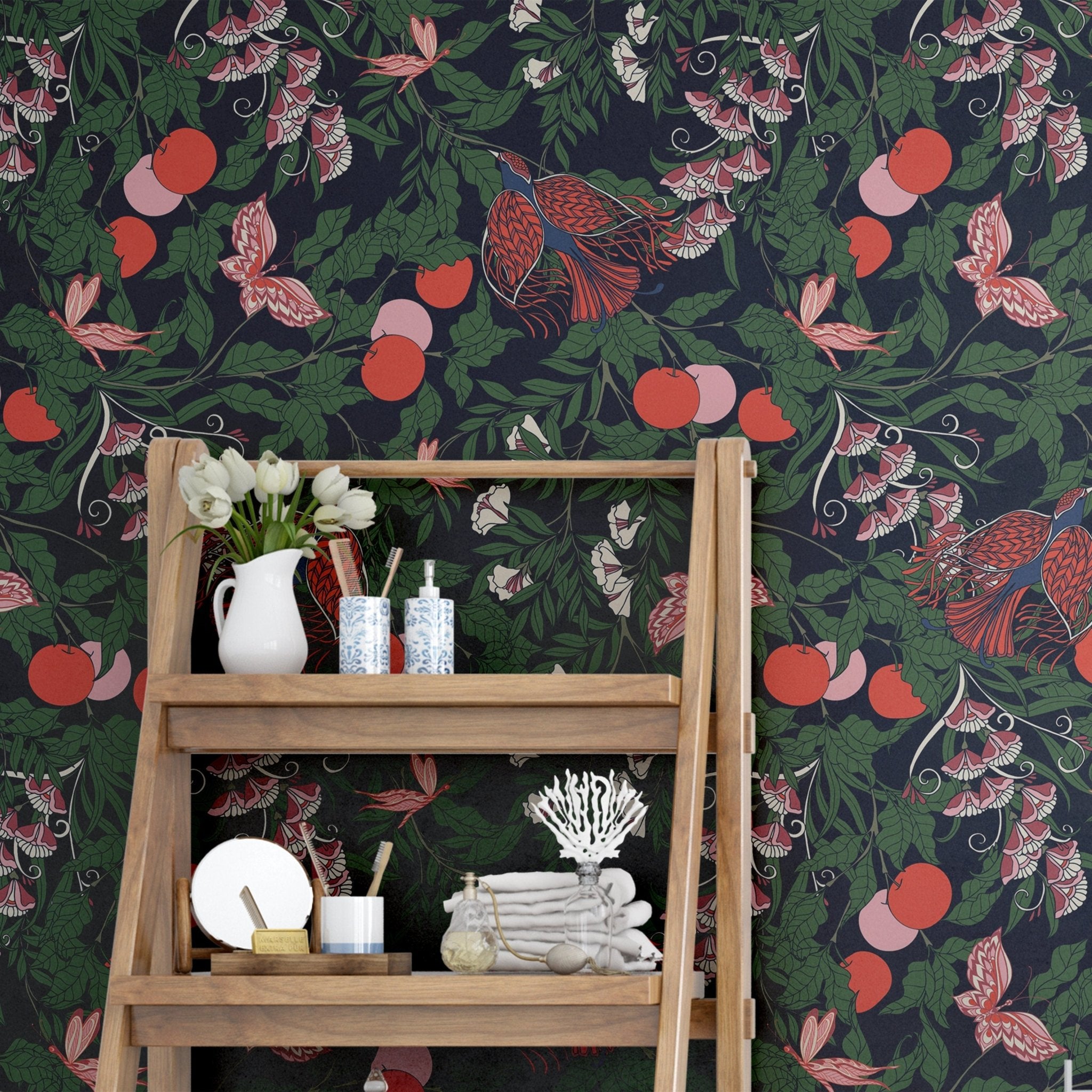 Dark botanical mural, secret garden wallpaper, birds and flowers peel ...
