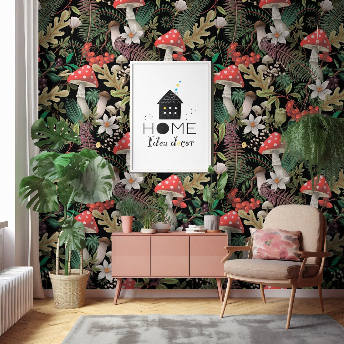 Dark botanical wallpaper, vintage mushroom wall mural, peel and stick ...