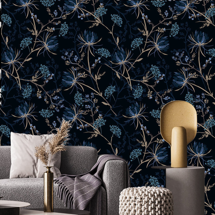 Dark floral wallpaper navy blue botanical mural peel and stick ...