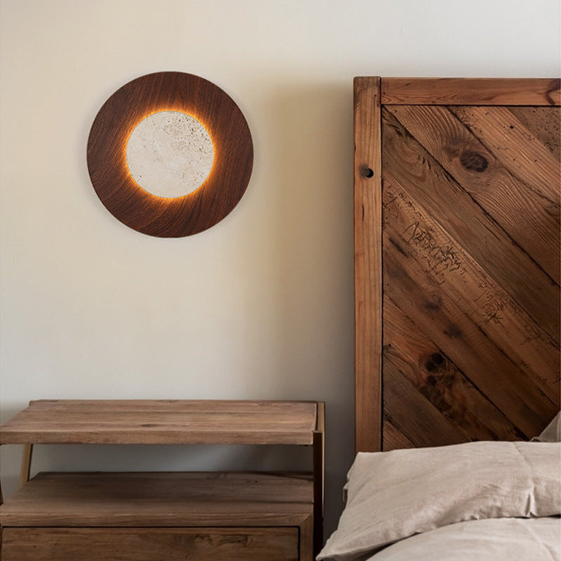 Designer Retro Wall Lamp – Round Yellow Travertine Bedside Lighting for Bedrooms