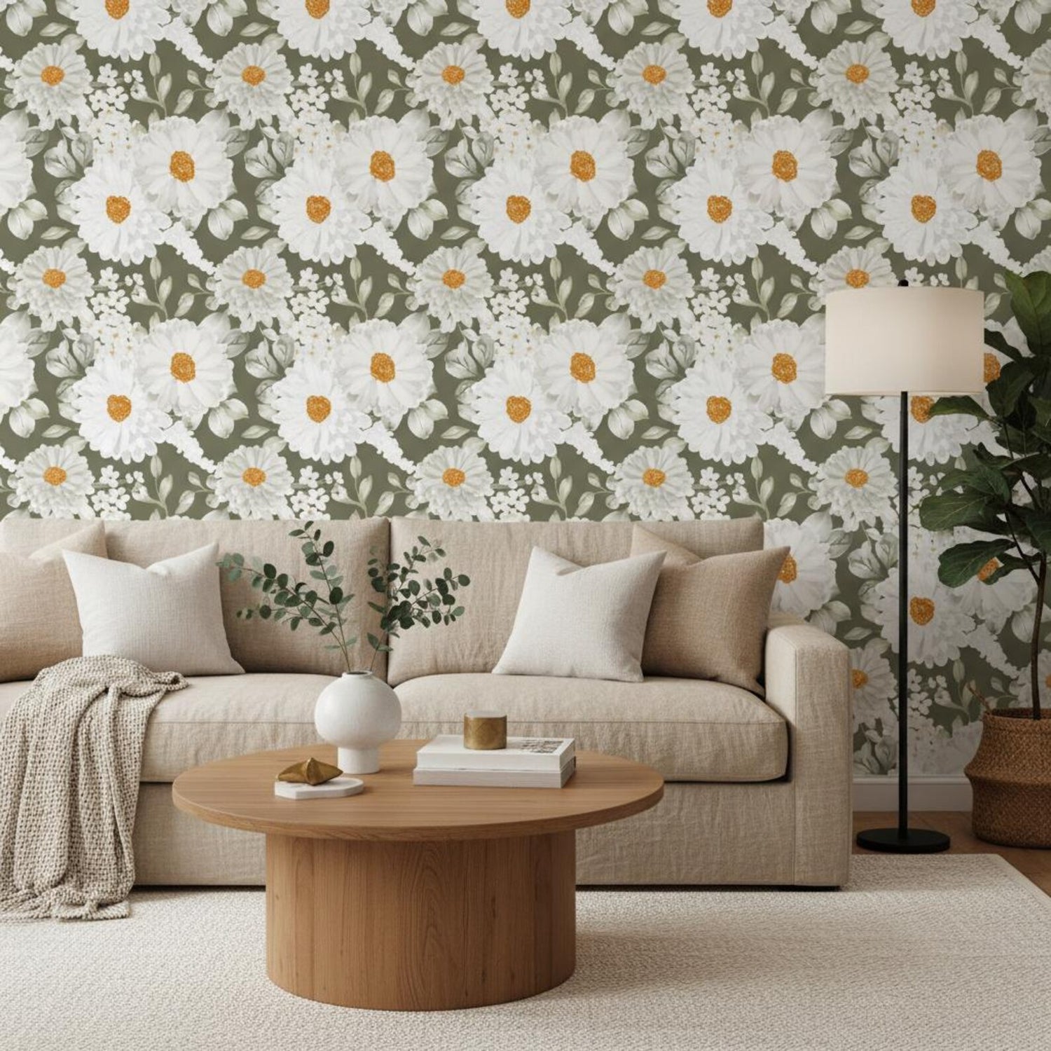 White Daisy Wallpaper Sage Green | Elegant Floral Wall Mural | Organic Luxury Botanical Decor | Peel and Stick