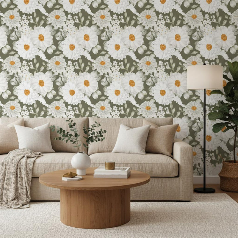 White Daisy Wallpaper Sage Green | Elegant Floral Wall Mural | Organic Luxury Botanical Decor | Peel and Stick
