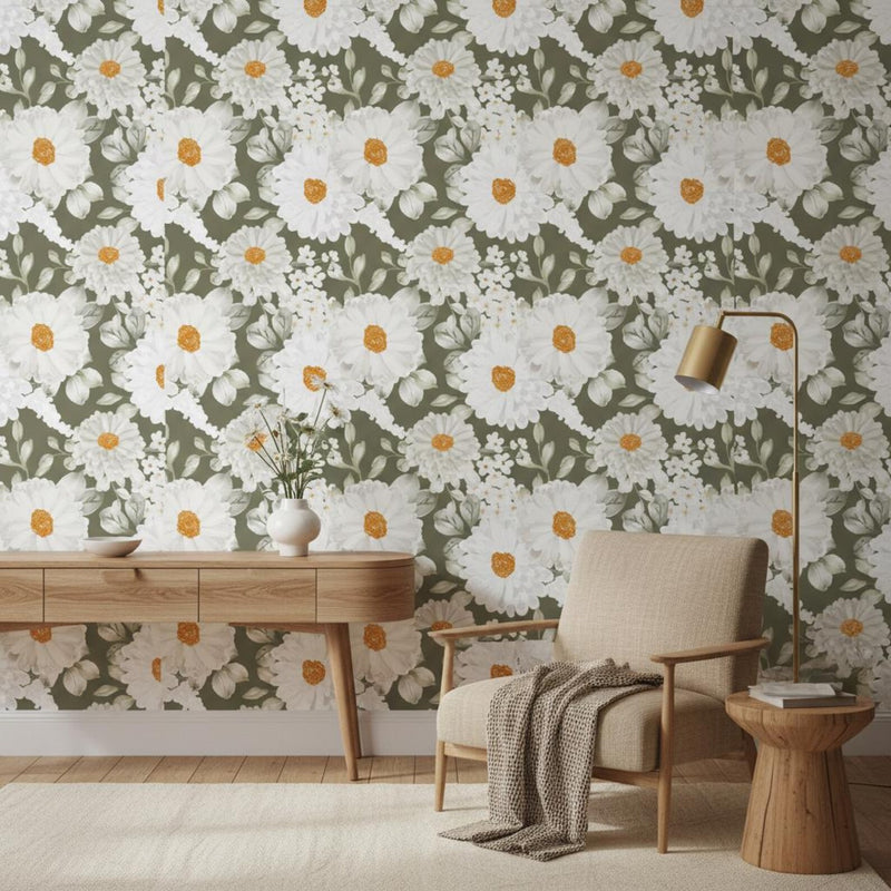 White Daisy Wallpaper Sage Green | Elegant Floral Wall Mural | Organic Luxury Botanical Decor | Peel and Stick