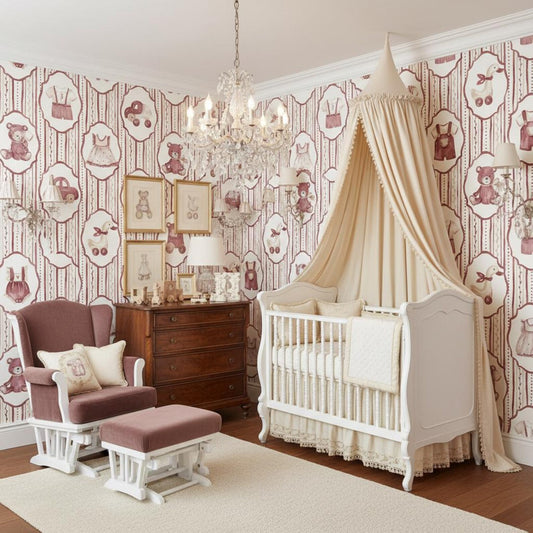 Vintage Baby Nursery Wallpaper | Classic Baby Clothes Teddy Bear | Mauve Cream Nursery Decor | Peel and Stick