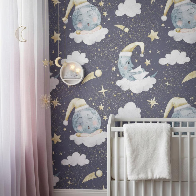Dreamy Moon Nursery Wallpaper | Sleeping Moon Stars Clouds | Celestial Baby Room Decor | Peel and Stick
