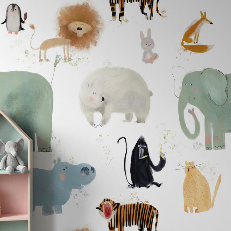 Safari Animal Wallpaper Kids Nursery | Watercolor Elephant Lion Tiger | Modern Children Room Decor | Peel and Stick