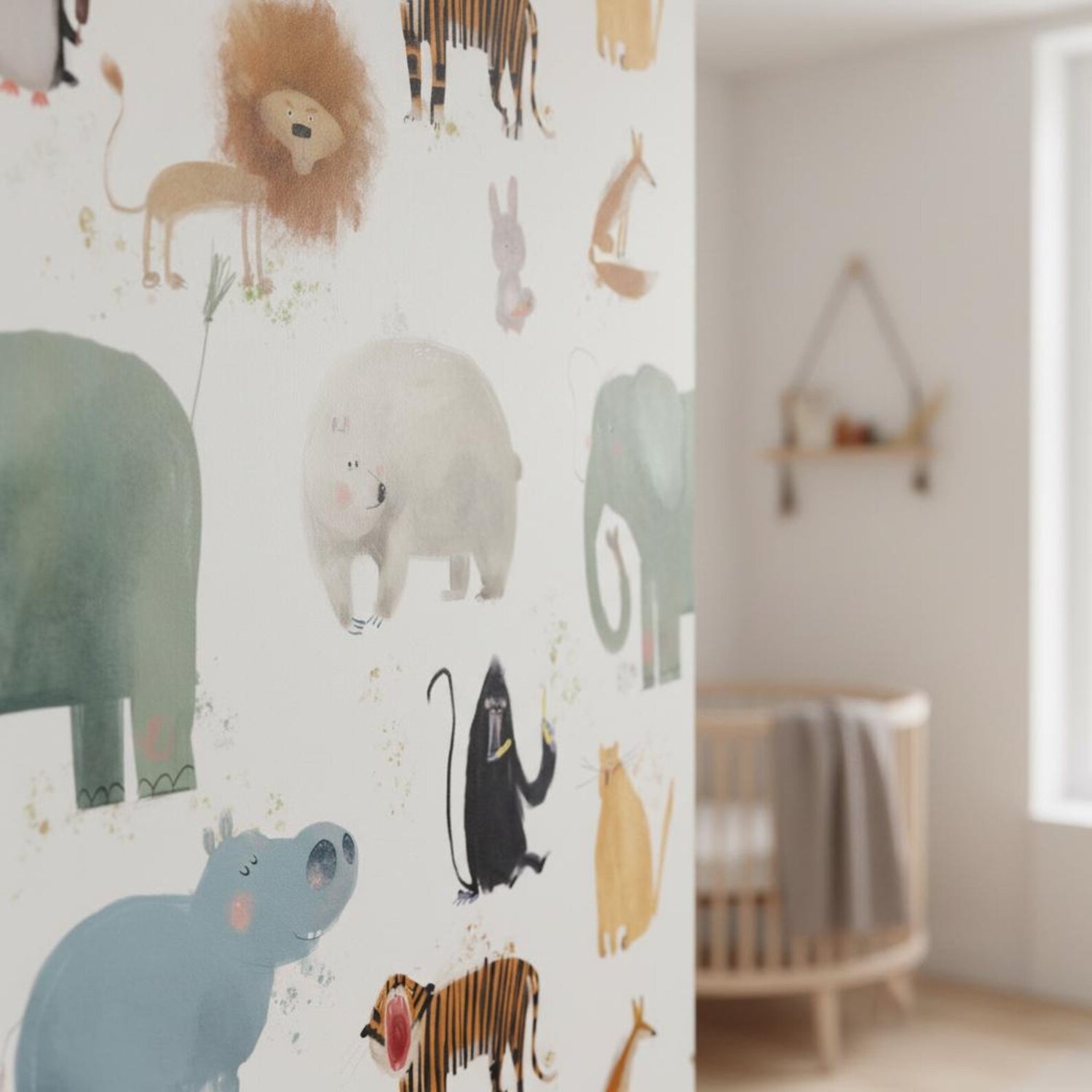 Safari Animal Wallpaper Kids Nursery | Watercolor Elephant Lion Tiger | Modern Children Room Decor | Peel and Stick