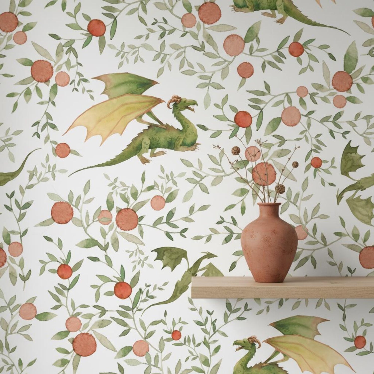 Dragon Wallpaper for Kids Room | Watercolor Nursery Wall Mural | Peel and Stick Removable Wallpaper | Green & Peach Fantasy Decor