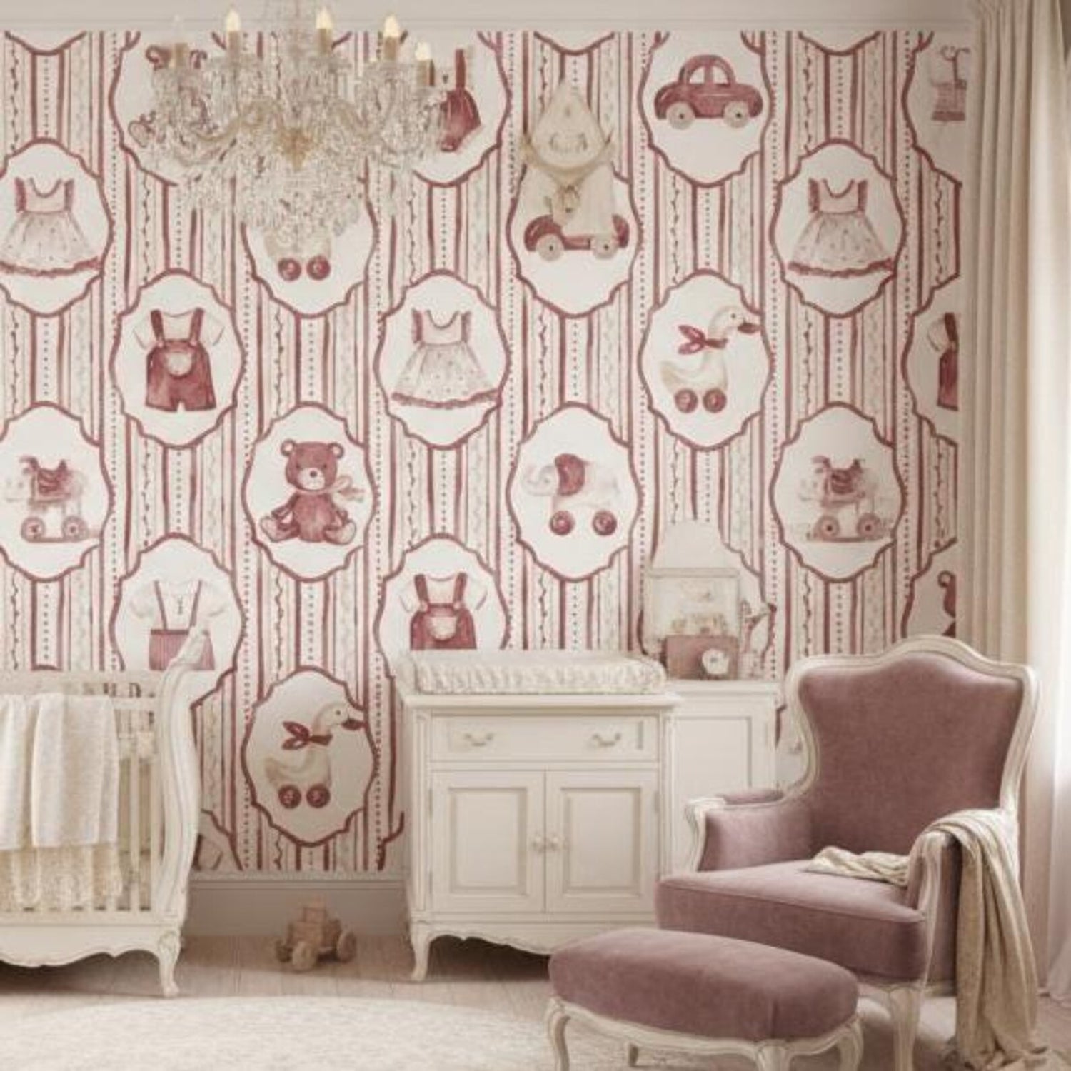 Vintage Baby Nursery Wallpaper | Classic Baby Clothes Teddy Bear | Mauve Cream Nursery Decor | Peel and Stick