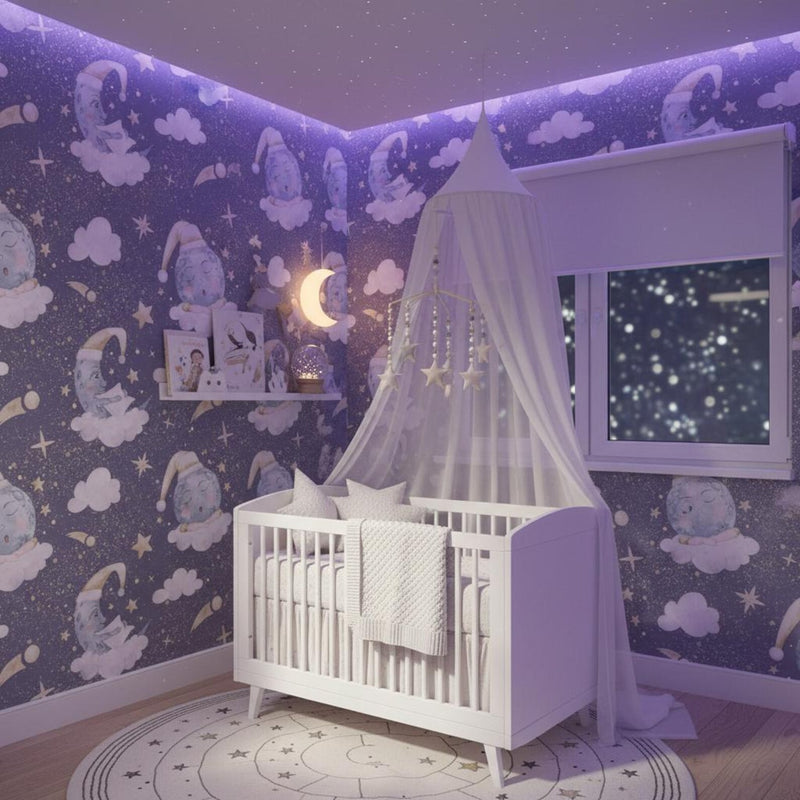 Dreamy Moon Nursery Wallpaper | Sleeping Moon Stars Clouds | Celestial Baby Room Decor | Peel and Stick