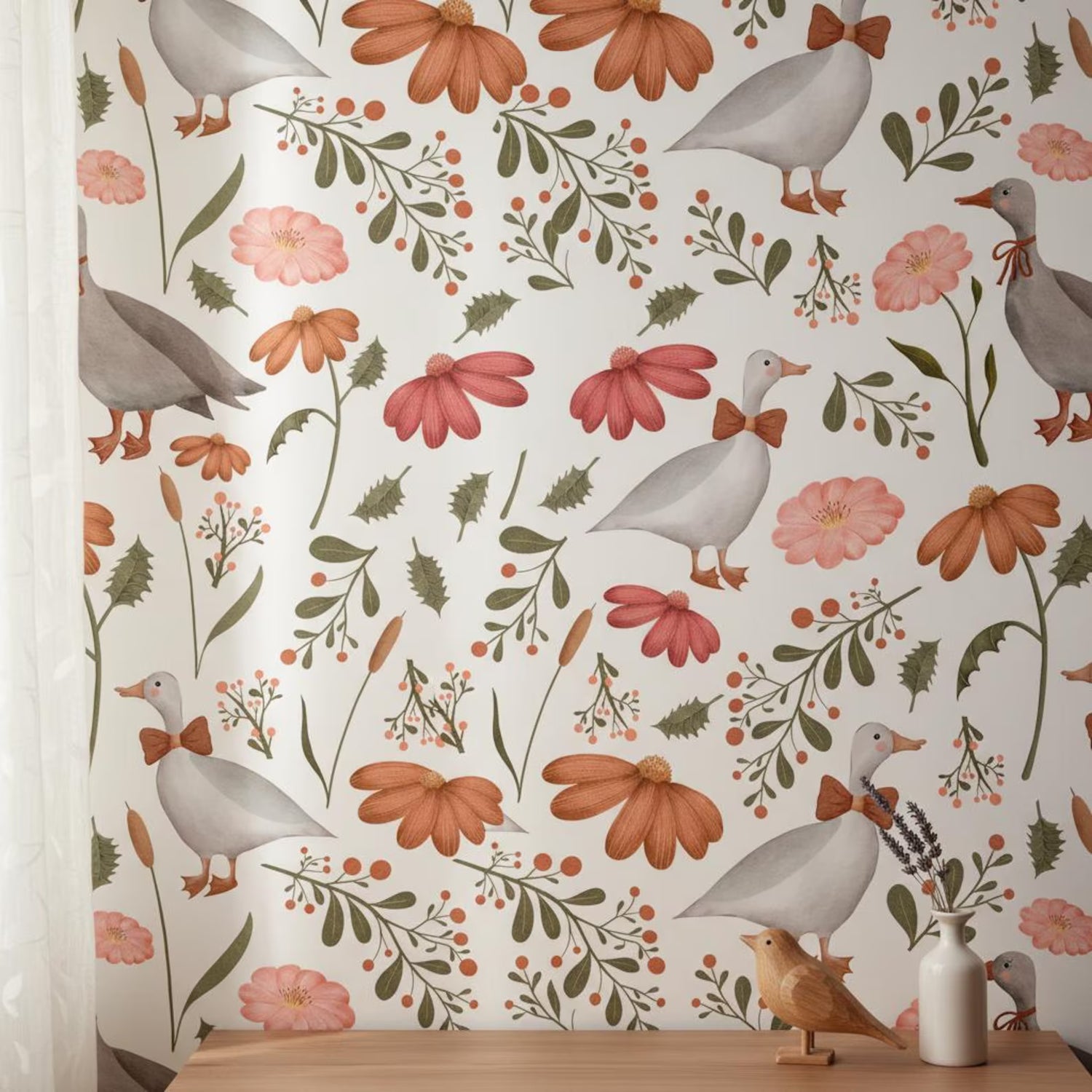 Whimsical Goose Wallpaper Floral | Farmhouse Nursery Decor | Cute Duck Pattern Kids Room | Peel and Stick