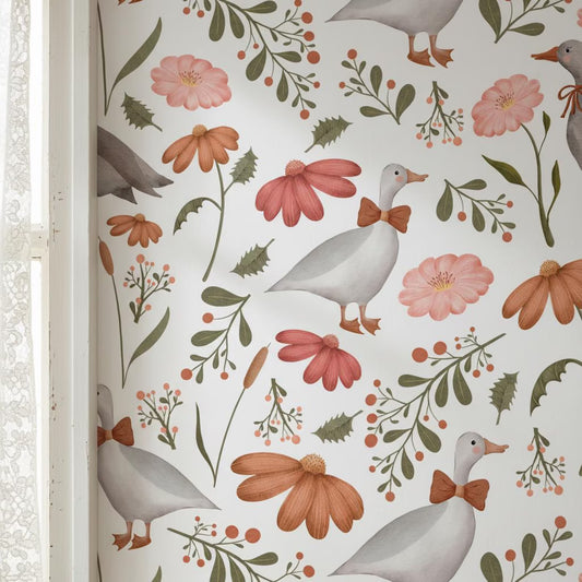 Whimsical Goose Wallpaper Floral | Farmhouse Nursery Decor | Cute Duck Pattern Kids Room | Peel and Stick