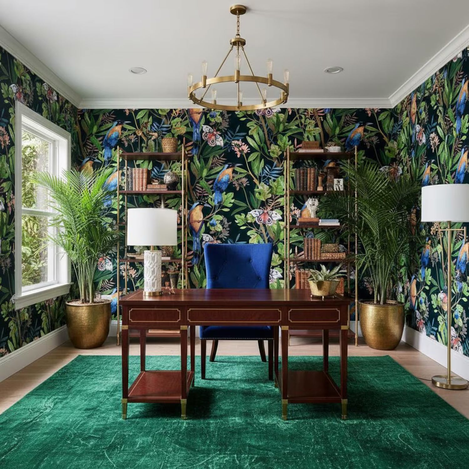 Tropical Bird Wallpaper Dark | Exotic Moth Botanical | Luxury Jungle Mural | Peel and Stick