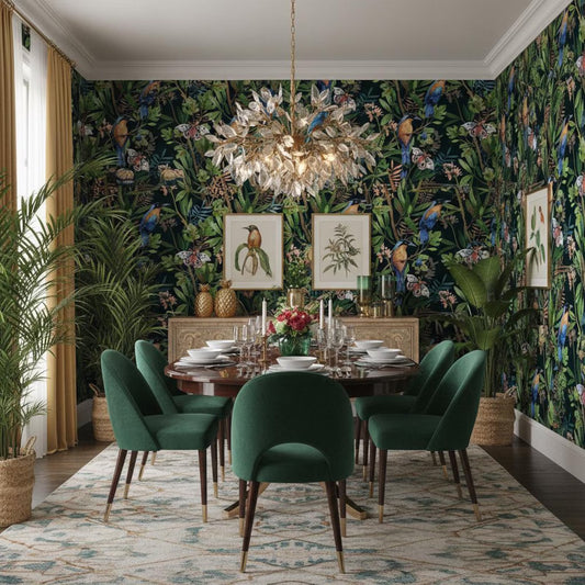 Tropical Bird Wallpaper Dark | Exotic Moth Botanical | Luxury Jungle Mural | Peel and Stick