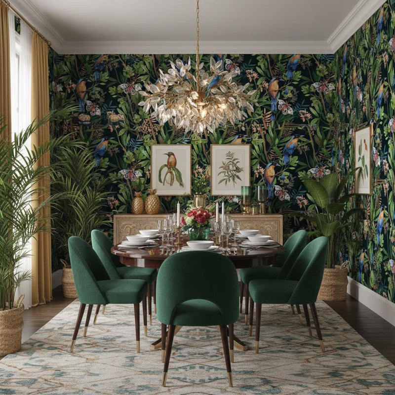 Tropical Bird Wallpaper Dark | Exotic Moth Botanical | Luxury Jungle Mural | Peel and Stick