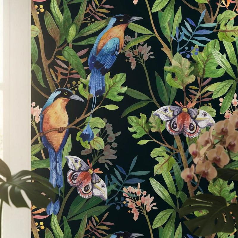 Tropical Bird Wallpaper Dark | Exotic Moth Botanical | Luxury Jungle Mural | Peel and Stick