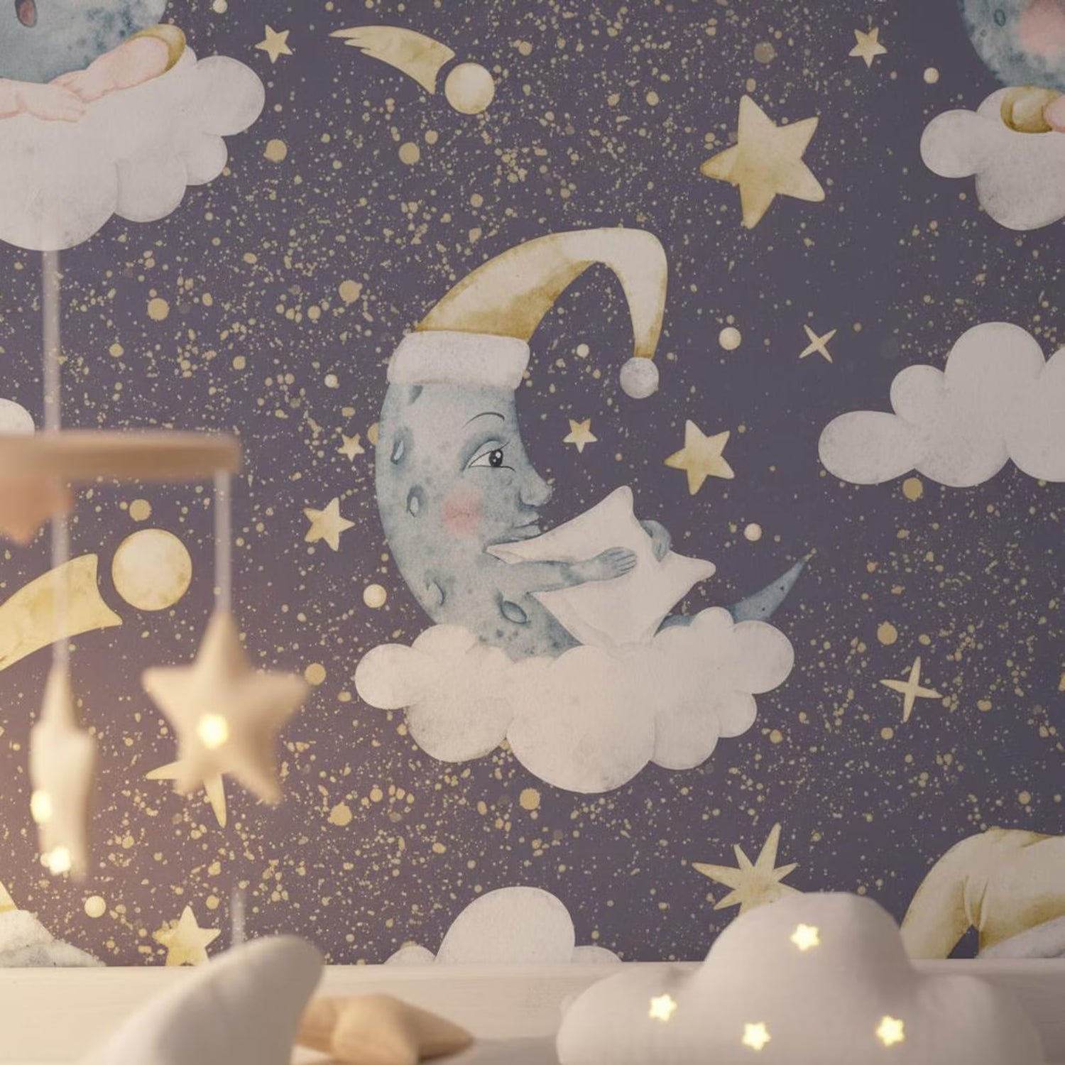 Dreamy Moon Nursery Wallpaper | Sleeping Moon Stars Clouds | Celestial Baby Room Decor | Peel and Stick